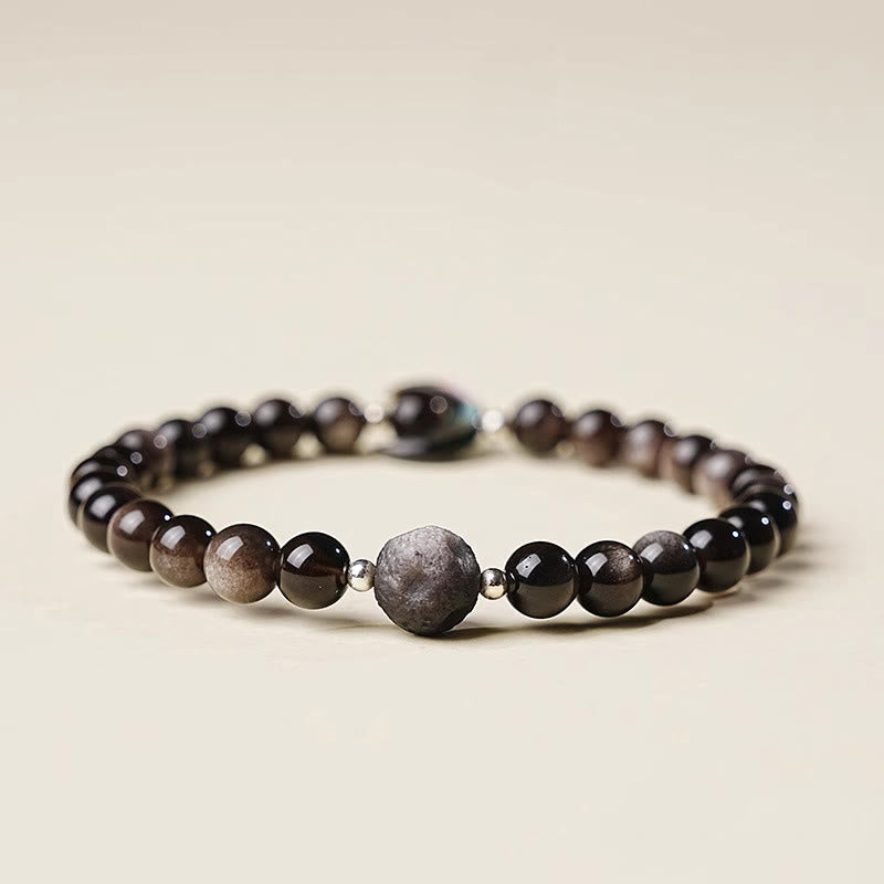 Buddha Stones ​​Mond-Design Natürliches Silberglänzendes Obsidian-Schutzperlenarmband - image 1