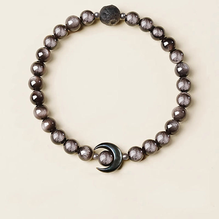 Buddha Stones ​​Mond-Design Natürliches Silberglänzendes Obsidian-Schutzperlenarmband - image 3