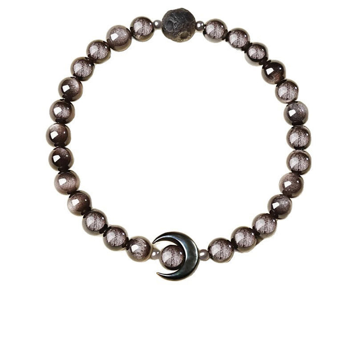 Buddha Stones ​​Mond-Design Natürliches Silberglänzendes Obsidian-Schutzperlenarmband - image 5