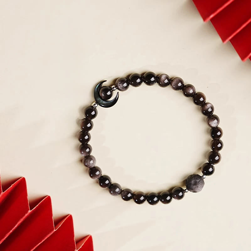 Buddha Stones ​​Mond-Design Natürliches Silberglänzendes Obsidian-Schutzperlenarmband - image 2