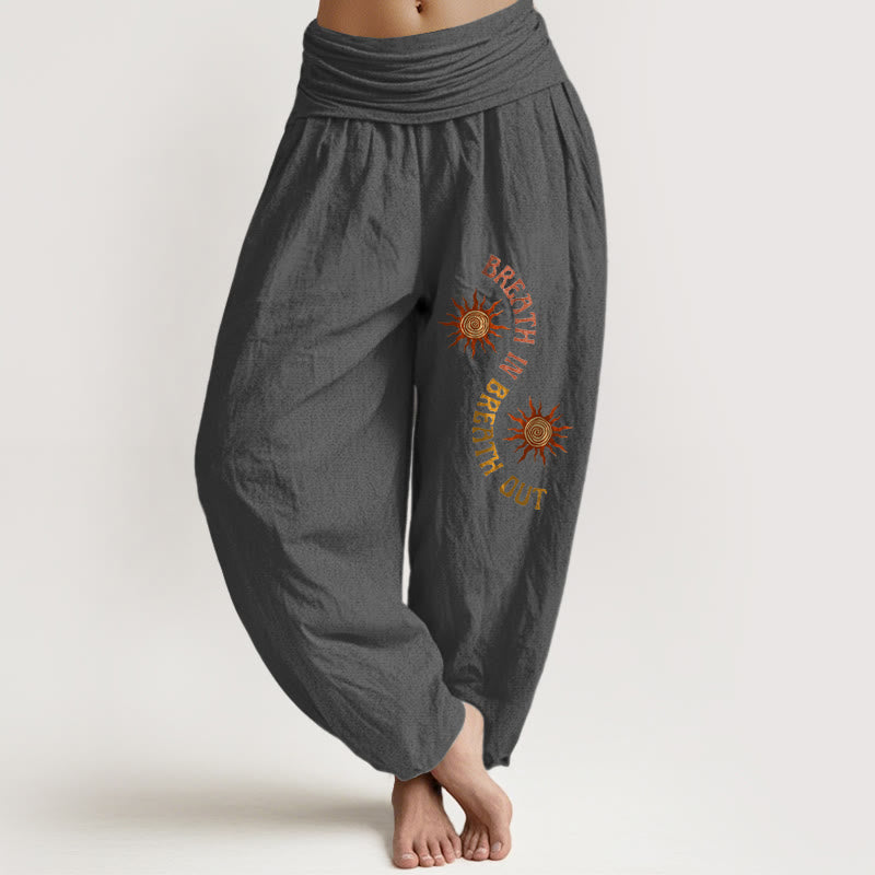 Buddha Stones, reine Baumwolle, warme Farbtöne, Sonnenmotiv mit englischen Redewendungen, elastischer Bund, Damen-Haremshose - DimGray - US16, UK/AU20, EU48 (3XL) - image 8