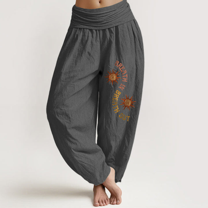 Buddha Stones, reine Baumwolle, warme Farbtöne, Sonnenmotiv mit englischen Redewendungen, elastischer Bund, Damen-Haremshose - DimGray - US16, UK/AU20, EU48 (3XL) - image 8