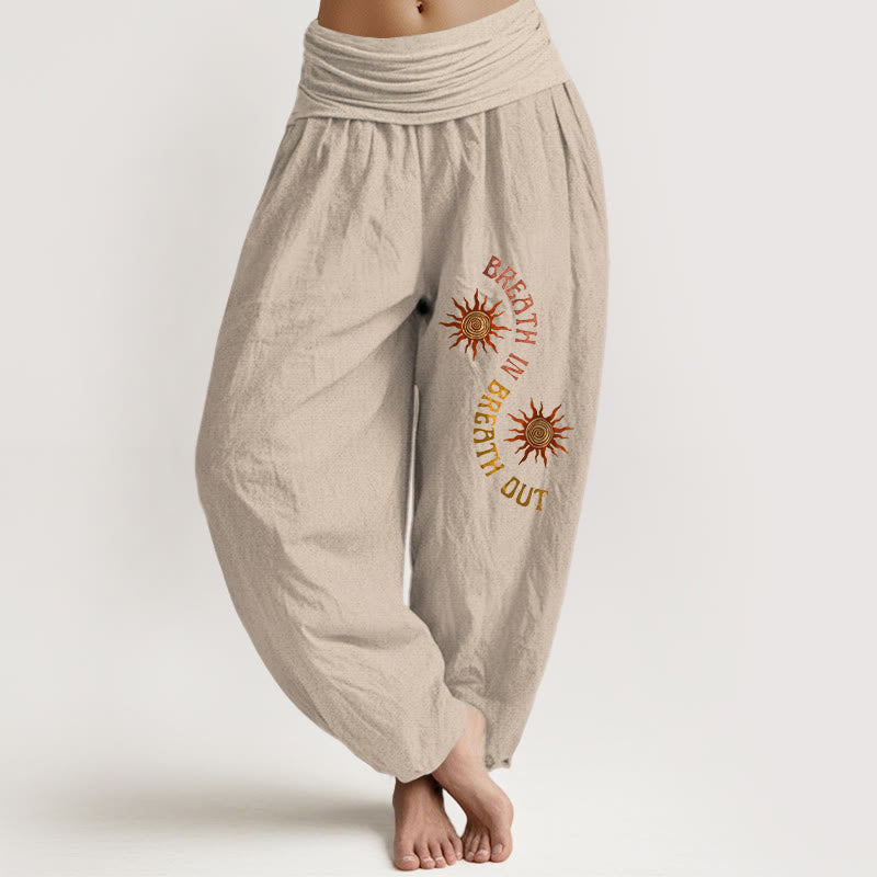 Buddha Stones, reine Baumwolle, warme Farbtöne, Sonnenmotiv mit englischen Redewendungen, elastischer Bund, Damen-Haremshose - Bräunen - US16, UK/AU20, EU48 (3XL) - image 11
