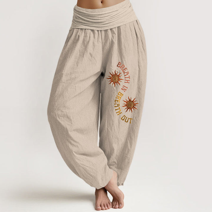 Buddha Stones, reine Baumwolle, warme Farbtöne, Sonnenmotiv mit englischen Redewendungen, elastischer Bund, Damen-Haremshose - Bräunen - US16, UK/AU20, EU48 (3XL) - image 11