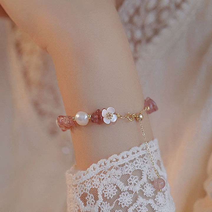 Buddha Stones, weiße Blume, Perle, natürlicher unregelmäßiger Erdbeerquarz, Heilkette, Armband - image 1