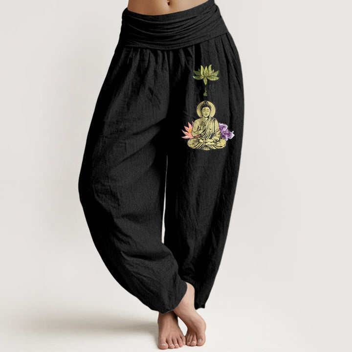 Buddha Stones Haremshose aus reiner Baumwolle mit traditionellem Lotus-Buddha-Muster und elastischem Bund für Damen - Schwarz - US16, UK/AU20, EU48 (3XL) - image 0