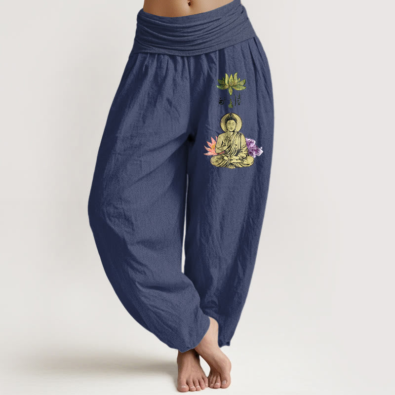 Buddha Stones Haremshose aus reiner Baumwolle mit traditionellem Lotus-Buddha-Muster und elastischem Bund für Damen - Dunkelschieferblau - US16, UK/AU20, EU48 (3XL) - image 5
