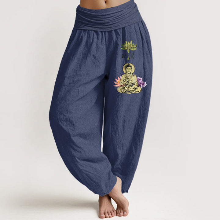 Buddha Stones Haremshose aus reiner Baumwolle mit traditionellem Lotus-Buddha-Muster und elastischem Bund für Damen - Dunkelschieferblau - US16, UK/AU20, EU48 (3XL) - image 5