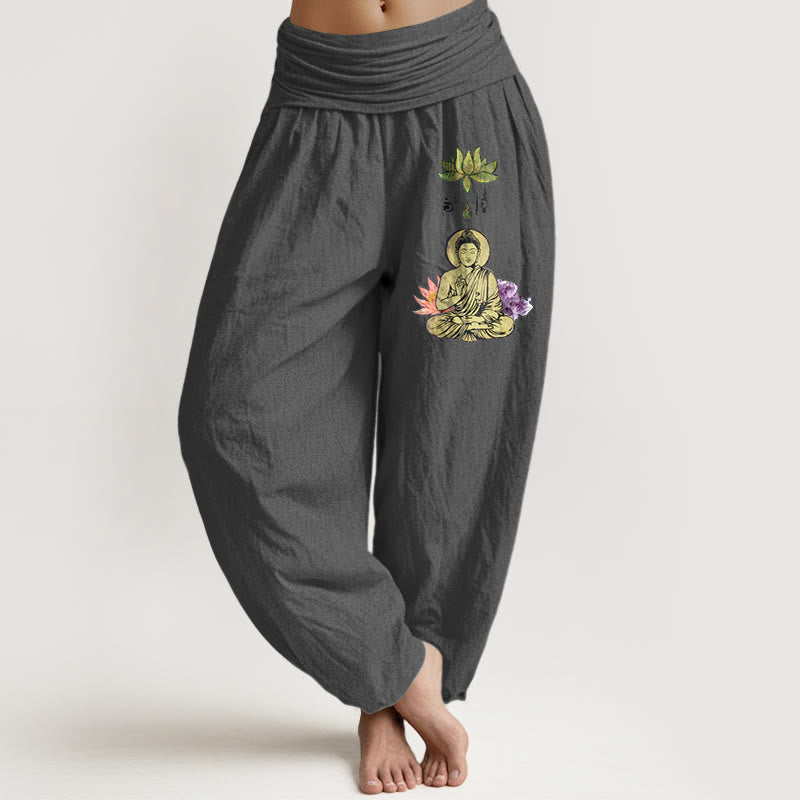 Buddha Stones Haremshose aus reiner Baumwolle mit traditionellem Lotus-Buddha-Muster und elastischem Bund für Damen - DimGray - US16, UK/AU20, EU48 (3XL) - image 8