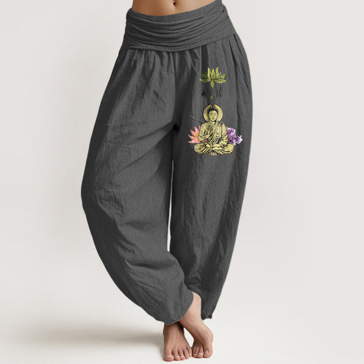 Buddha Stones Haremshose aus reiner Baumwolle mit traditionellem Lotus-Buddha-Muster und elastischem Bund für Damen - DimGray - US16, UK/AU20, EU48 (3XL) - image 8