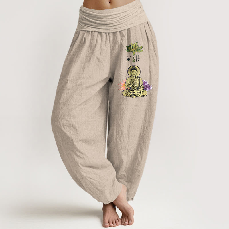 Buddha Stones Haremshose aus reiner Baumwolle mit traditionellem Lotus-Buddha-Muster und elastischem Bund für Damen - Bräunen - US16, UK/AU20, EU48 (3XL) - image 11