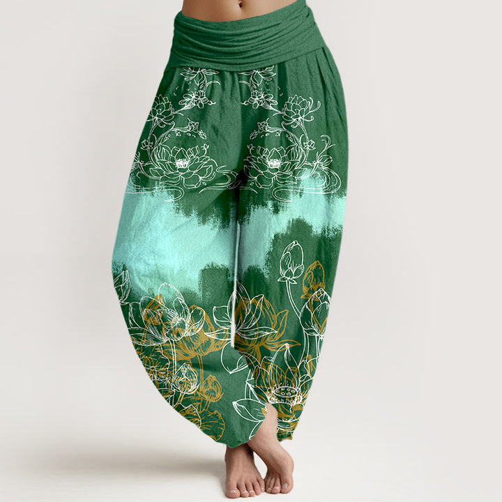 Buddha Stones, buntes Lotusmuster, Damen-Haremshose aus Baumwolle mit elastischem Bund - Grün - US16, UK/AU20, EU48 (3XL) - image 0