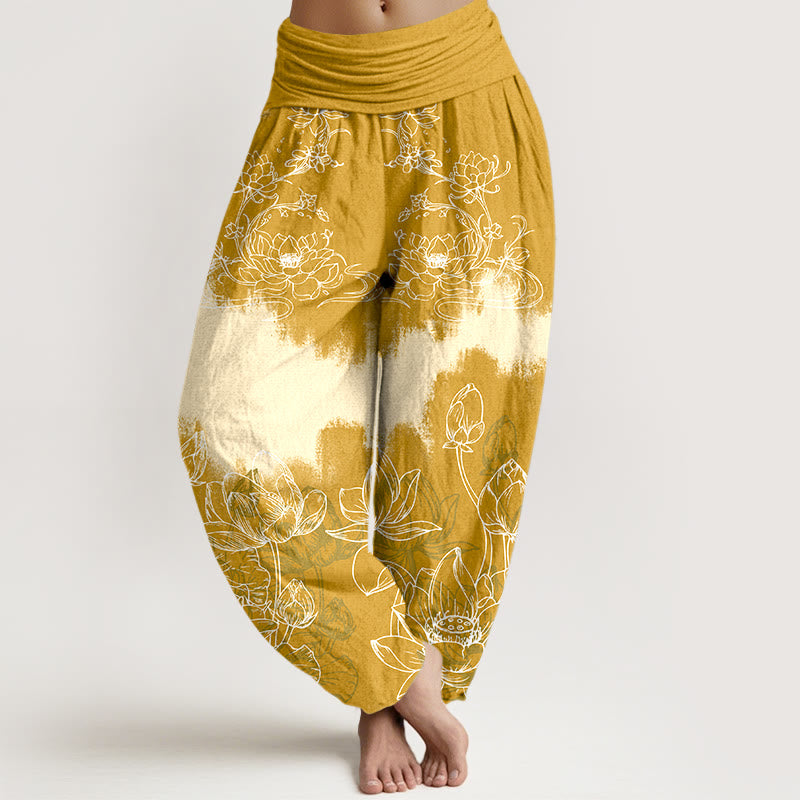 Buddha Stones, buntes Lotusmuster, Damen-Haremshose aus Baumwolle mit elastischem Bund - Gold - US16, UK/AU20, EU48 (3XL) - image 5