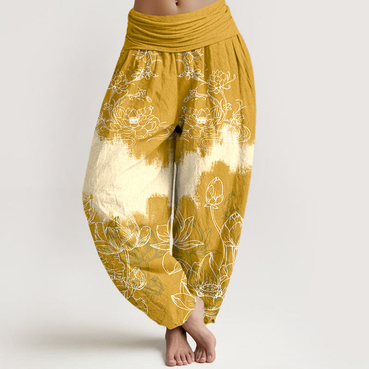 Buddha Stones, buntes Lotusmuster, Damen-Haremshose aus Baumwolle mit elastischem Bund - Gold - US16, UK/AU20, EU48 (3XL) - image 5