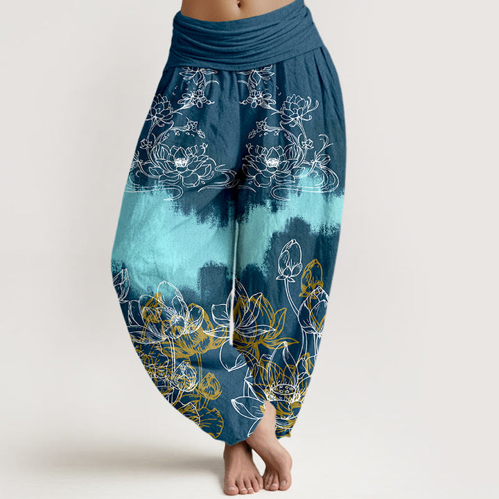 Buddha Stones, buntes Lotusmuster, Damen-Haremshose aus Baumwolle mit elastischem Bund - SteelBlue - US16, UK/AU20, EU48 (3XL) - image 8