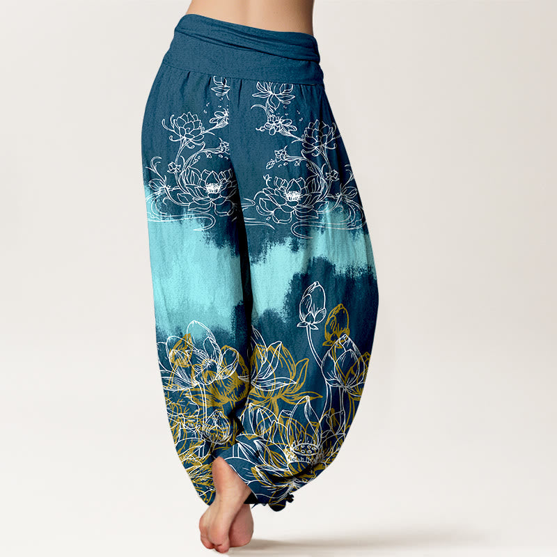 Buddha Stones, buntes Lotusmuster, Damen-Haremshose aus Baumwolle mit elastischem Bund - image 9