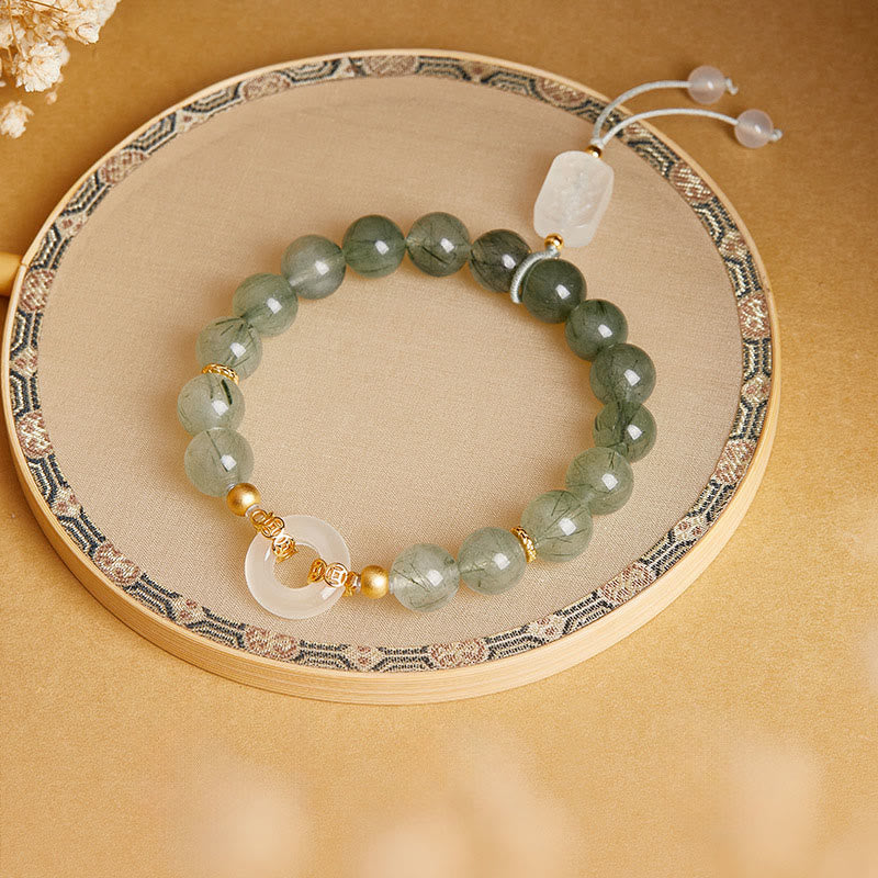 Buddha Stones ​​925 Sterling Silber Grüner Rutilquarz Weißer Chalcedon Friedensschnalle Mut Armband - image 1
