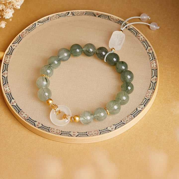 Buddha Stones ​​925 Sterling Silber Grüner Rutilquarz Weißer Chalcedon Friedensschnalle Mut Armband - image 1