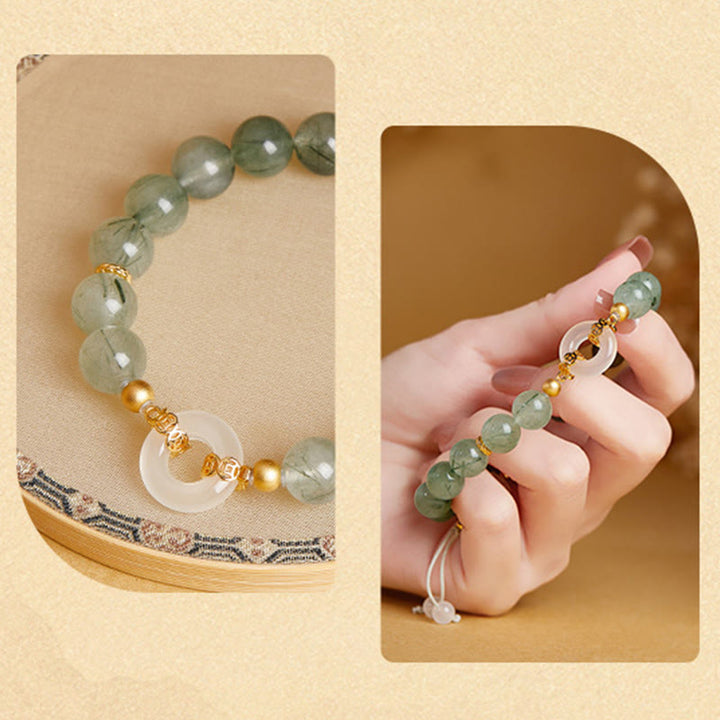 Buddha Stones ​​925 Sterling Silber Grüner Rutilquarz Weißer Chalcedon Friedensschnalle Mut Armband - image 8