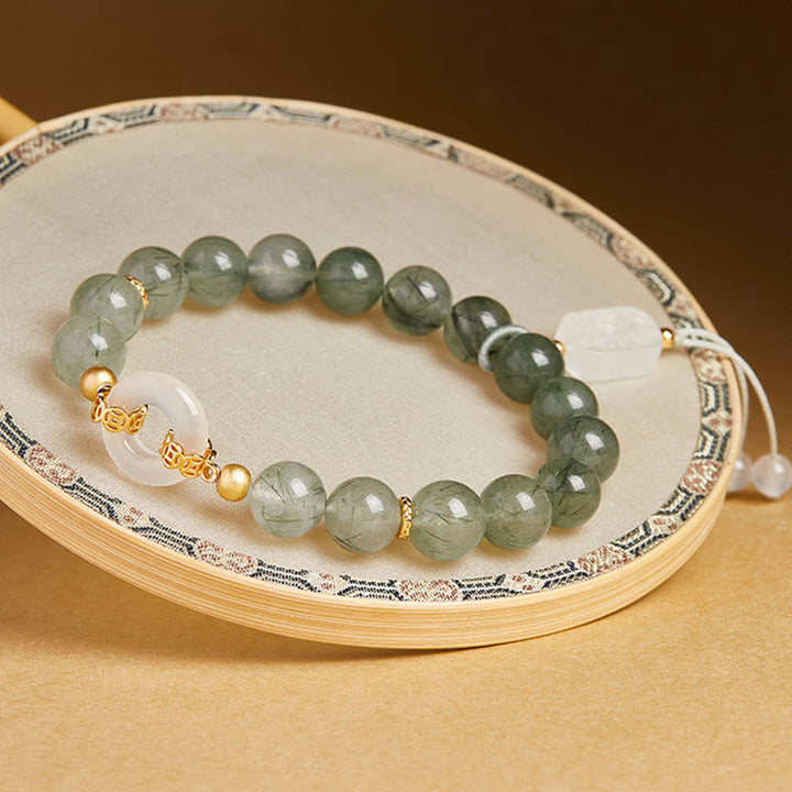 Buddha Stones ​​925 Sterling Silber Grüner Rutilquarz Weißer Chalcedon Friedensschnalle Mut Armband - image 2