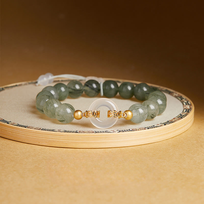Buddha Stones ​​925 Sterling Silber Grüner Rutilquarz Weißer Chalcedon Friedensschnalle Mut Armband - Grüner Rutilquarz (Handgelenkumfang: 15-17 cm) - image 0