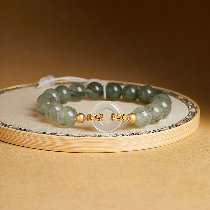 Buddha Stones ​​925 Sterling Silber Grüner Rutilquarz Weißer Chalcedon Friedensschnalle Mut Armband - Grüner Rutilquarz (Handgelenkumfang: 15-17 cm) - image 0