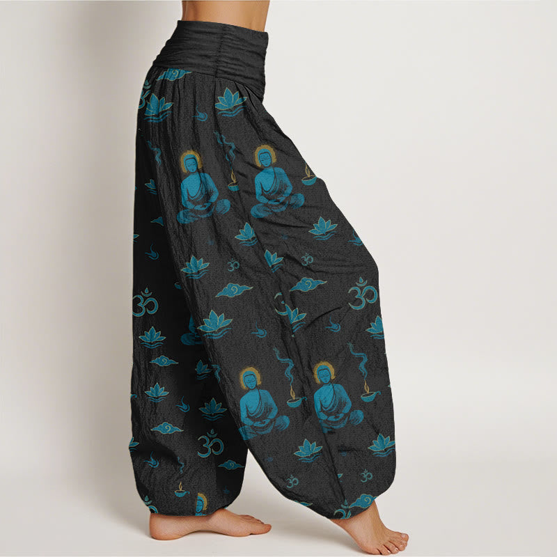 Buddha Stones, Om-Symbol, Lotuswolken-Buddha-Muster, Damen-Haremshose mit elastischem Bund, Baumwolle - image 2