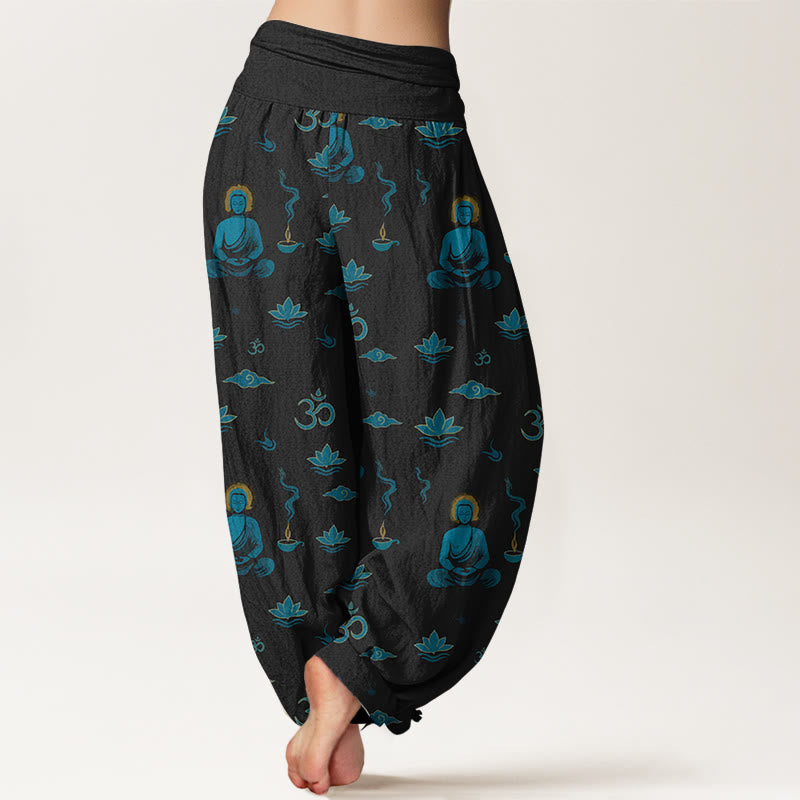 Buddha Stones, Om-Symbol, Lotuswolken-Buddha-Muster, Damen-Haremshose mit elastischem Bund, Baumwolle - image 1