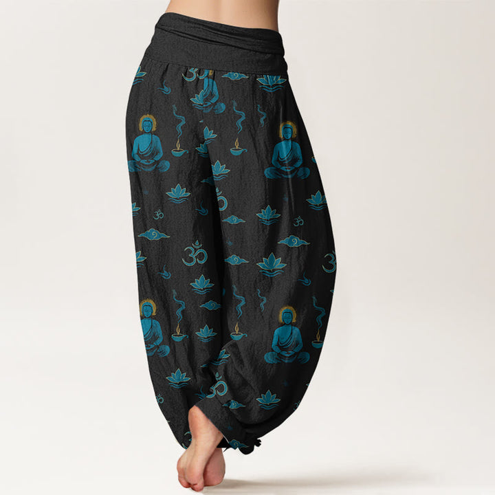 Buddha Stones, Om-Symbol, Lotuswolken-Buddha-Muster, Damen-Haremshose mit elastischem Bund, Baumwolle - image 1