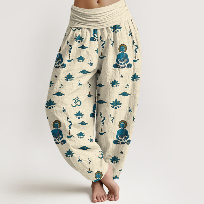 Buddha Stones, Om-Symbol, Lotuswolken-Buddha-Muster, Damen-Haremshose mit elastischem Bund, Baumwolle - Hellgoldgelb - US16, UK/AU20, EU48 (3XL) - image 8