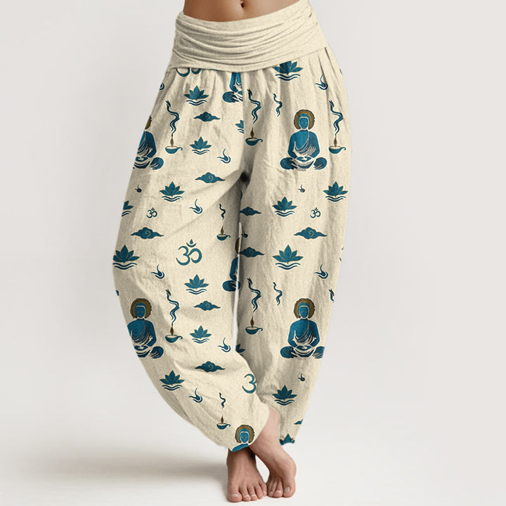 Buddha Stones, Om-Symbol, Lotuswolken-Buddha-Muster, Damen-Haremshose mit elastischem Bund, Baumwolle - Hellgoldgelb - US16, UK/AU20, EU48 (3XL) - image 8