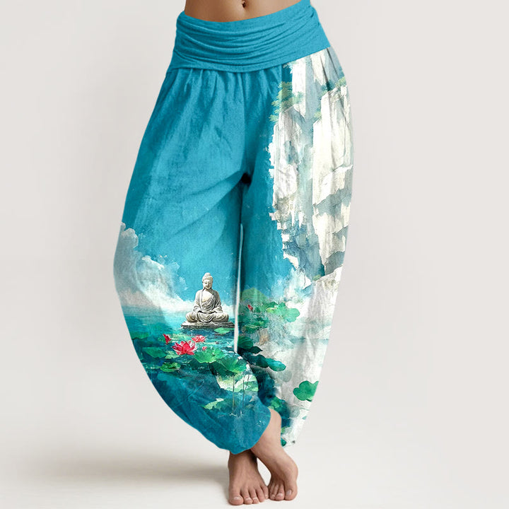 Buddha Stones, Baumwolle, Lotusblume, Blatt, Felsen, Wasseroberfläche, Wolken, Buddha-Muster, Damen-Haremshose mit elastischem Bund - Tiefblau - US16, UK/AU20, EU48 (3XL) - image 0