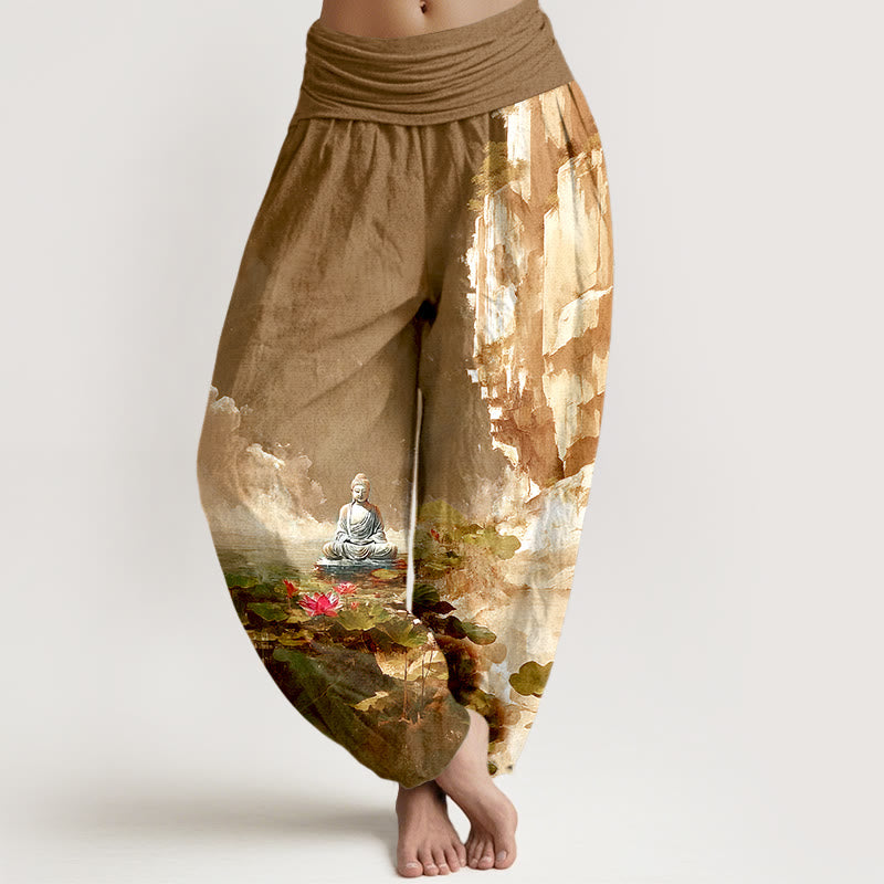Buddha Stones, Baumwolle, Lotusblume, Blatt, Felsen, Wasseroberfläche, Wolken, Buddha-Muster, Damen-Haremshose mit elastischem Bund - Dunkelgoldenrod - US16, UK/AU20, EU48 (3XL) - image 8