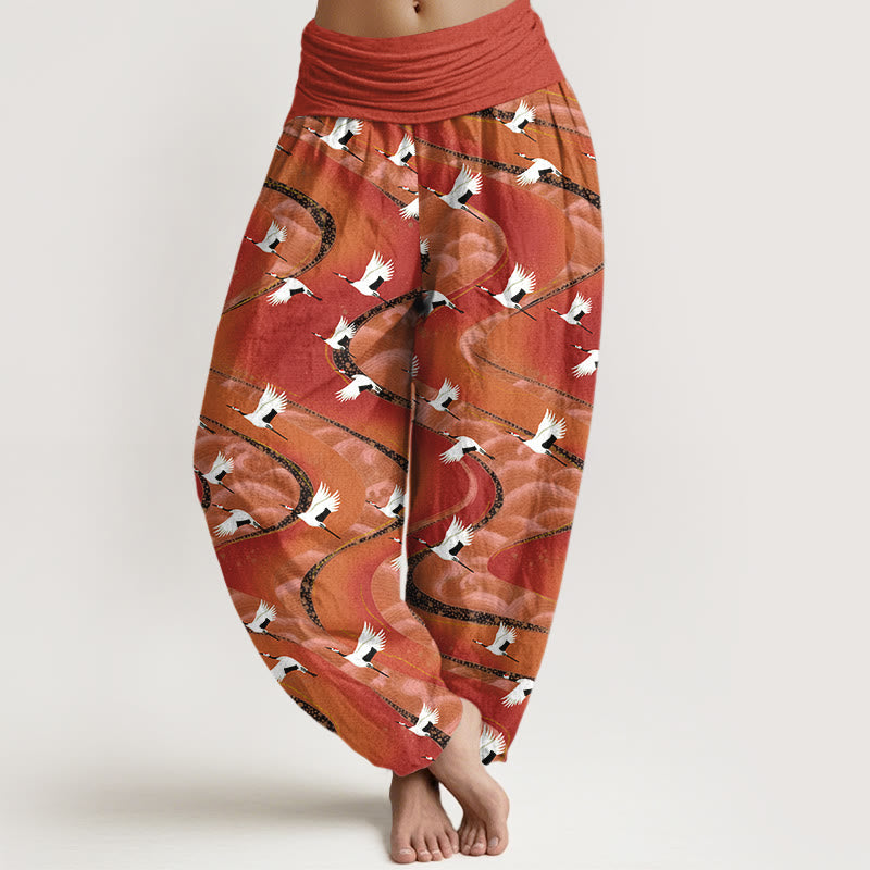 Elegante Haremshose aus Baumwolle mit Buddha Stones und Kranichmuster sowie elastischem Bund. - Tomate - US16, UK/AU20, EU48 (3XL) - image 5
