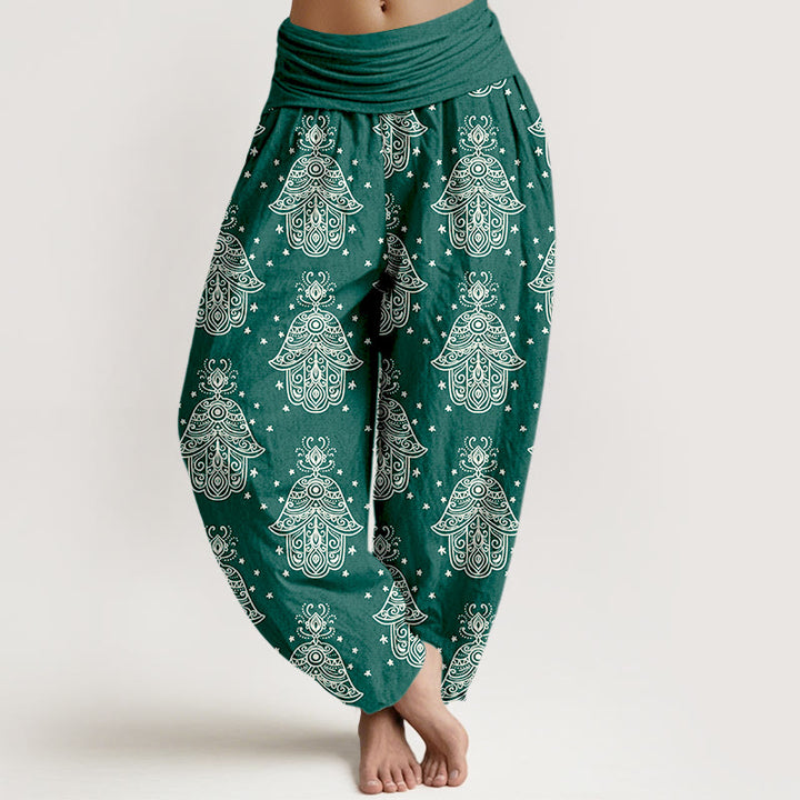 Baumwoll-Haremshose mit Buddha Stones und ordentlich angeordnetem Hamsa-Hand-Muster, elastischem Bund. - SeaGreen - US16, UK/AU20, EU48 (3XL) - image 0