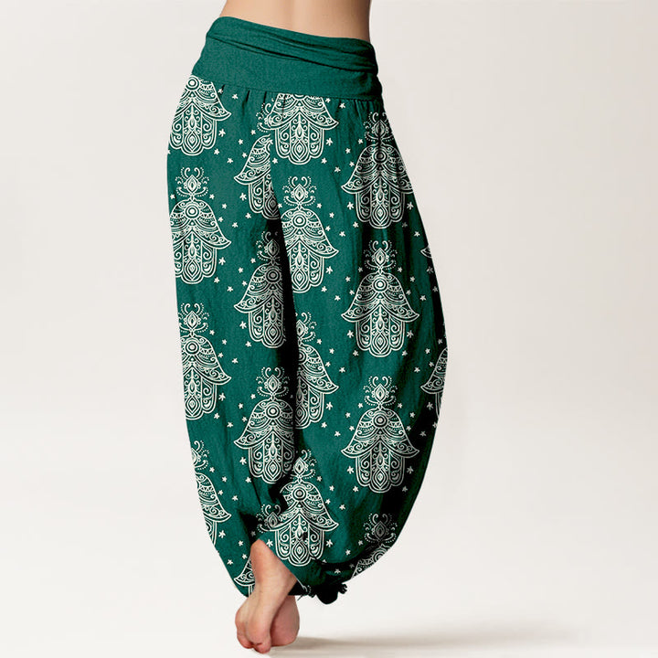 Baumwoll-Haremshose mit Buddha Stones und ordentlich angeordnetem Hamsa-Hand-Muster, elastischem Bund. - image 1