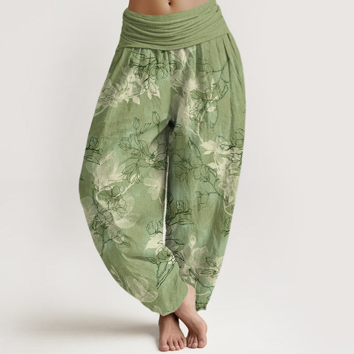 Haremshose aus Baumwolle mit Buddha Stones und frischem Blumenknospenmuster sowie elastischem Bund für Damen. - Gelbgrün - US16, UK/AU20, EU48 (3XL) - image 0