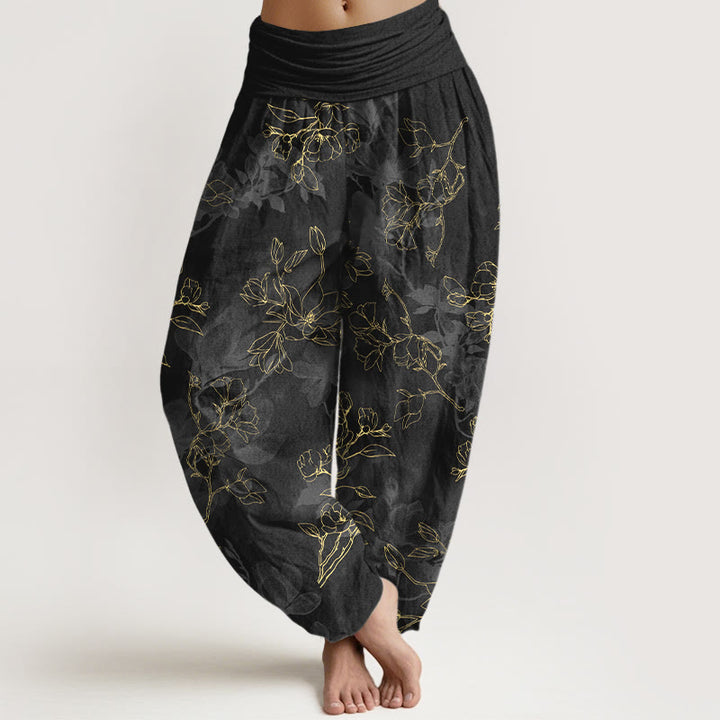 Haremshose aus Baumwolle mit Buddha Stones und frischem Blumenknospenmuster sowie elastischem Bund für Damen. - Schwarz - US16, UK/AU20, EU48 (3XL) - image 5
