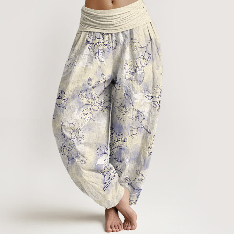 Haremshose aus Baumwolle mit Buddha Stones und frischem Blumenknospenmuster sowie elastischem Bund für Damen. - Hellgoldgelb - US16, UK/AU20, EU48 (3XL) - image 8