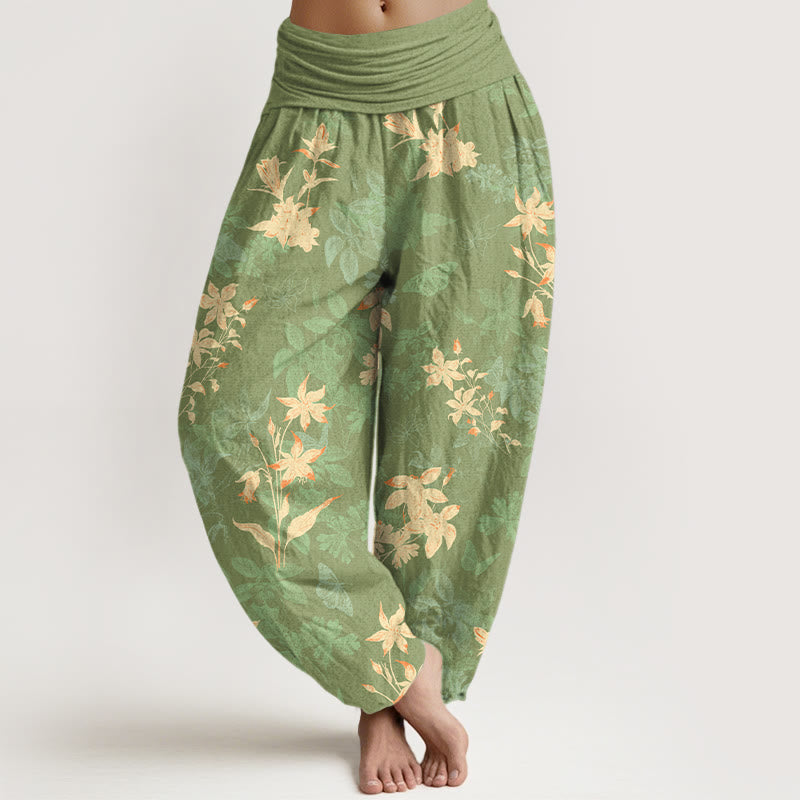 Buddha Stones Baumwoll-Haremshose mit frischem, raffiniertem Blumen- und Blattmuster, elastischem Bund für Damen - Gelbgrün - US16, UK/AU20, EU48 (3XL) - image 8