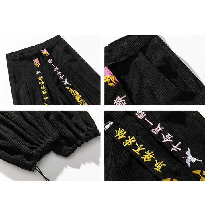 Buddha Stones Herbst/Winter Schnürhose mit chinesischen Schriftzeichenstickerei und Taschen für Herren aus Cord - image 4