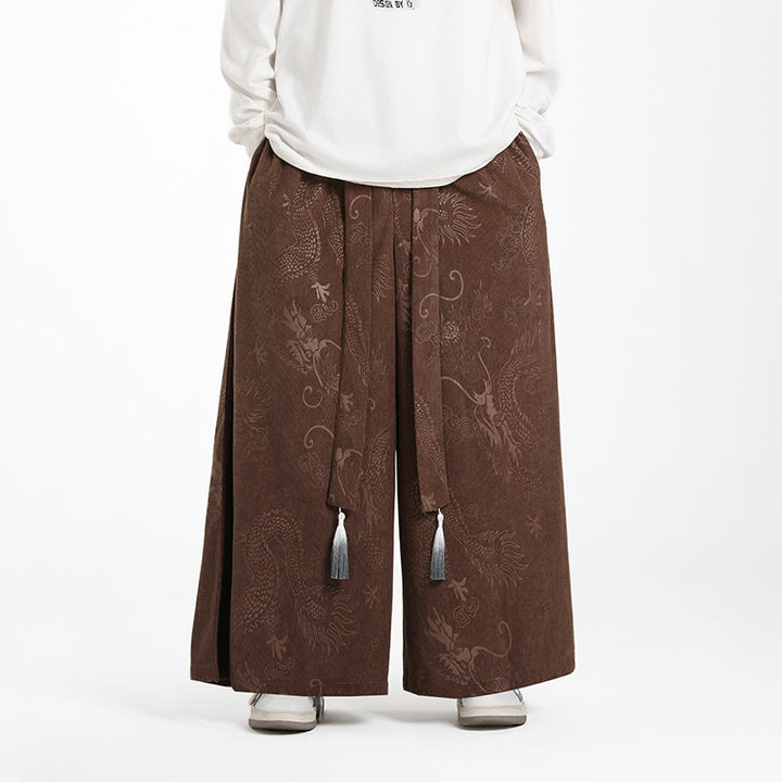 Herren-Cordhose mit weitem Bein und Taschen, verziert mit Buddha Stones und Drachen-Jacquard-Muster, Kordelzug und Taschen - Sattelbraun - US/ UK/AU46, EU56 (5XL) - image 0