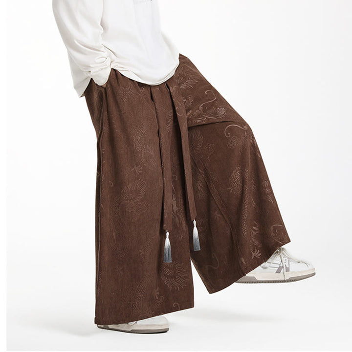 Herren-Cordhose mit weitem Bein und Taschen, verziert mit Buddha Stones und Drachen-Jacquard-Muster, Kordelzug und Taschen - image 6