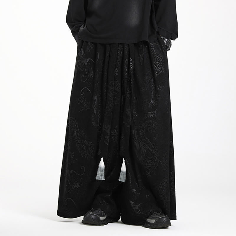 Herren-Cordhose mit weitem Bein und Taschen, verziert mit Buddha Stones und Drachen-Jacquard-Muster, Kordelzug und Taschen - Schwarz - US/ UK/AU46, EU56 (5XL) - image 8