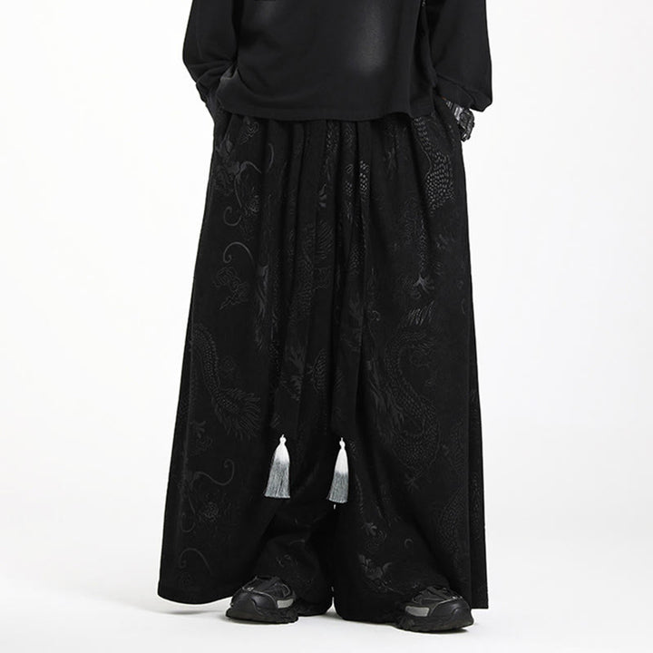 Herren-Cordhose mit weitem Bein und Taschen, verziert mit Buddha Stones und Drachen-Jacquard-Muster, Kordelzug und Taschen - Schwarz - US/ UK/AU46, EU56 (5XL) - image 8