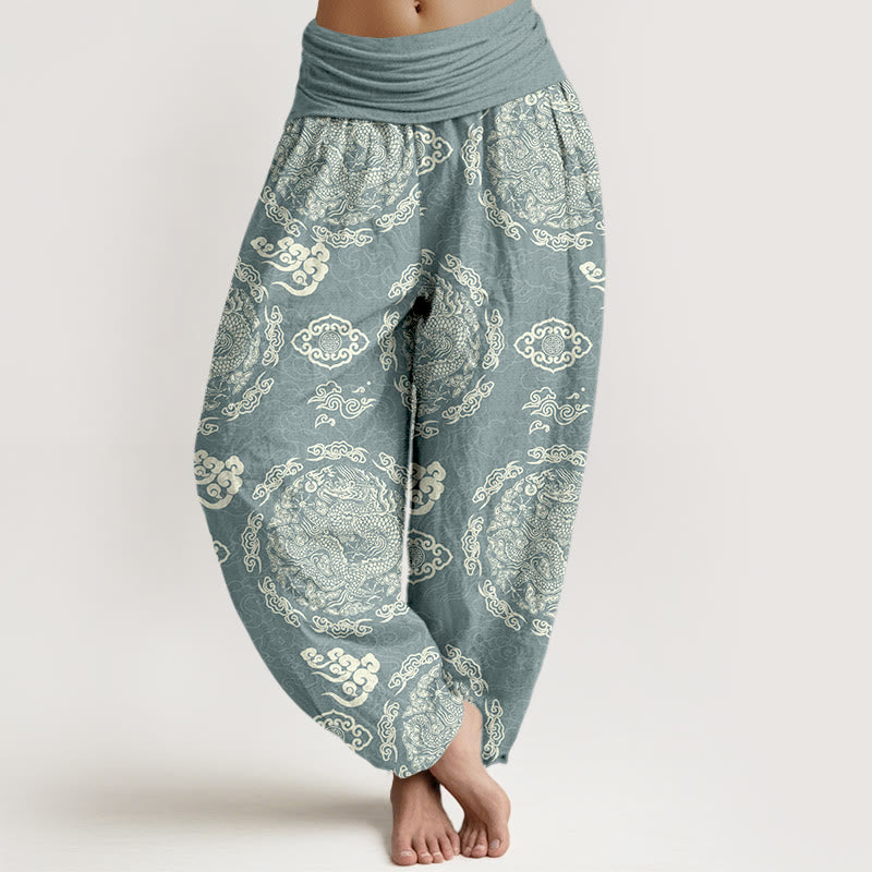 Haremshose aus Baumwolle mit Buddha Stones , hellem Farbton, Drachen- und Wolkenmuster, elastischem Bund für Damen - Hellblau - US16, UK/AU20, EU48 (3XL) - image 0