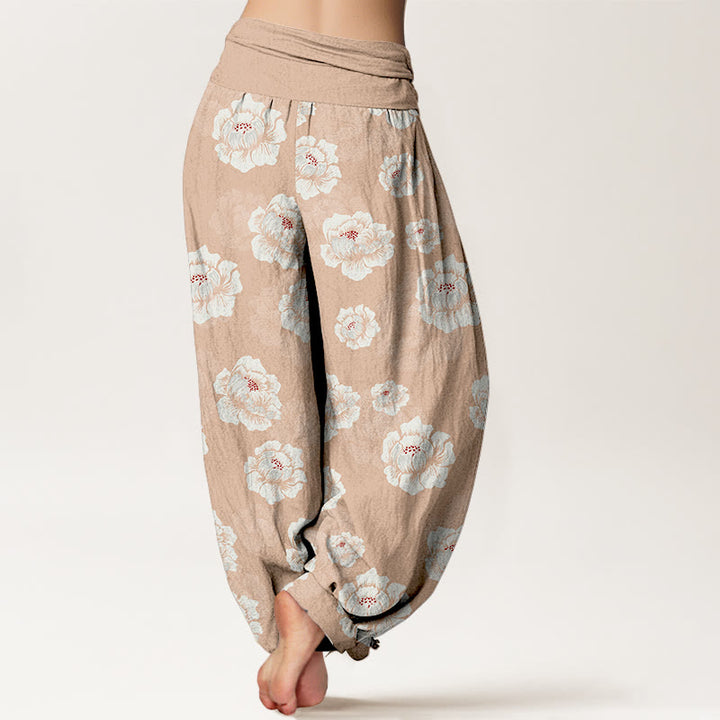 Elegante Haremshose aus Baumwolle mit Buddha Stones, weißem Blumenmuster und elastischem Bund für Damen - image 1