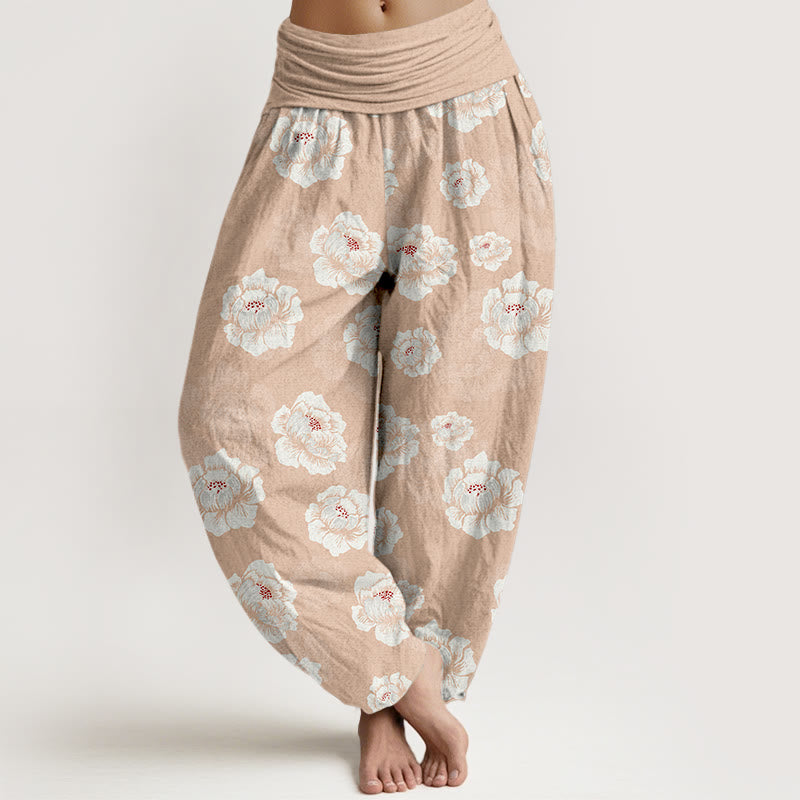 Elegante Haremshose aus Baumwolle mit Buddha Stones, weißem Blumenmuster und elastischem Bund für Damen - Pfirsichpuff - US16, UK/AU20, EU48 (3XL) - image 0