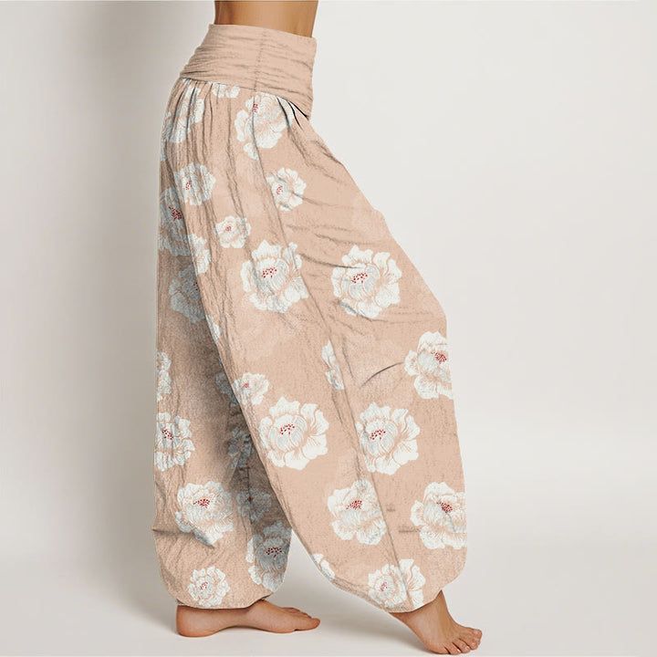 Elegante Haremshose aus Baumwolle mit Buddha Stones, weißem Blumenmuster und elastischem Bund für Damen - image 2
