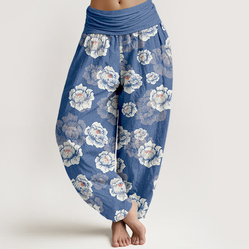 Elegante Haremshose aus Baumwolle mit Buddha Stones, weißem Blumenmuster und elastischem Bund für Damen - Königsblau - US16, UK/AU20, EU48 (3XL) - image 5